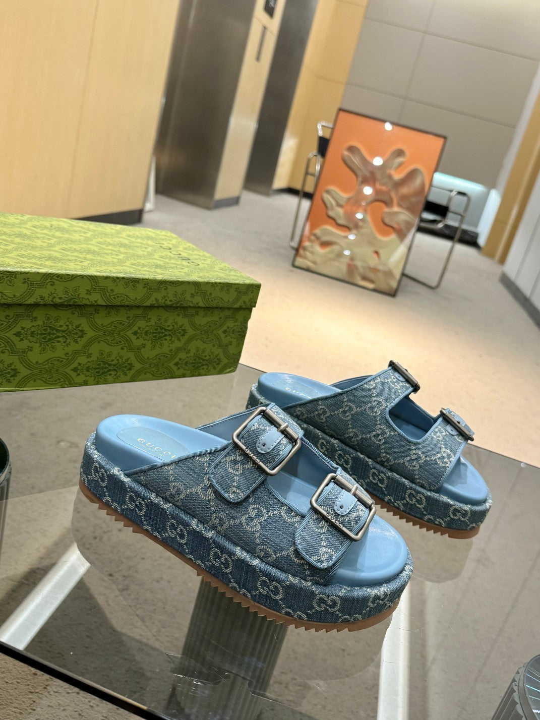 BLUE DENIM MONOGRAM DOUBLE-STRAP PLATFORM SANDALS
