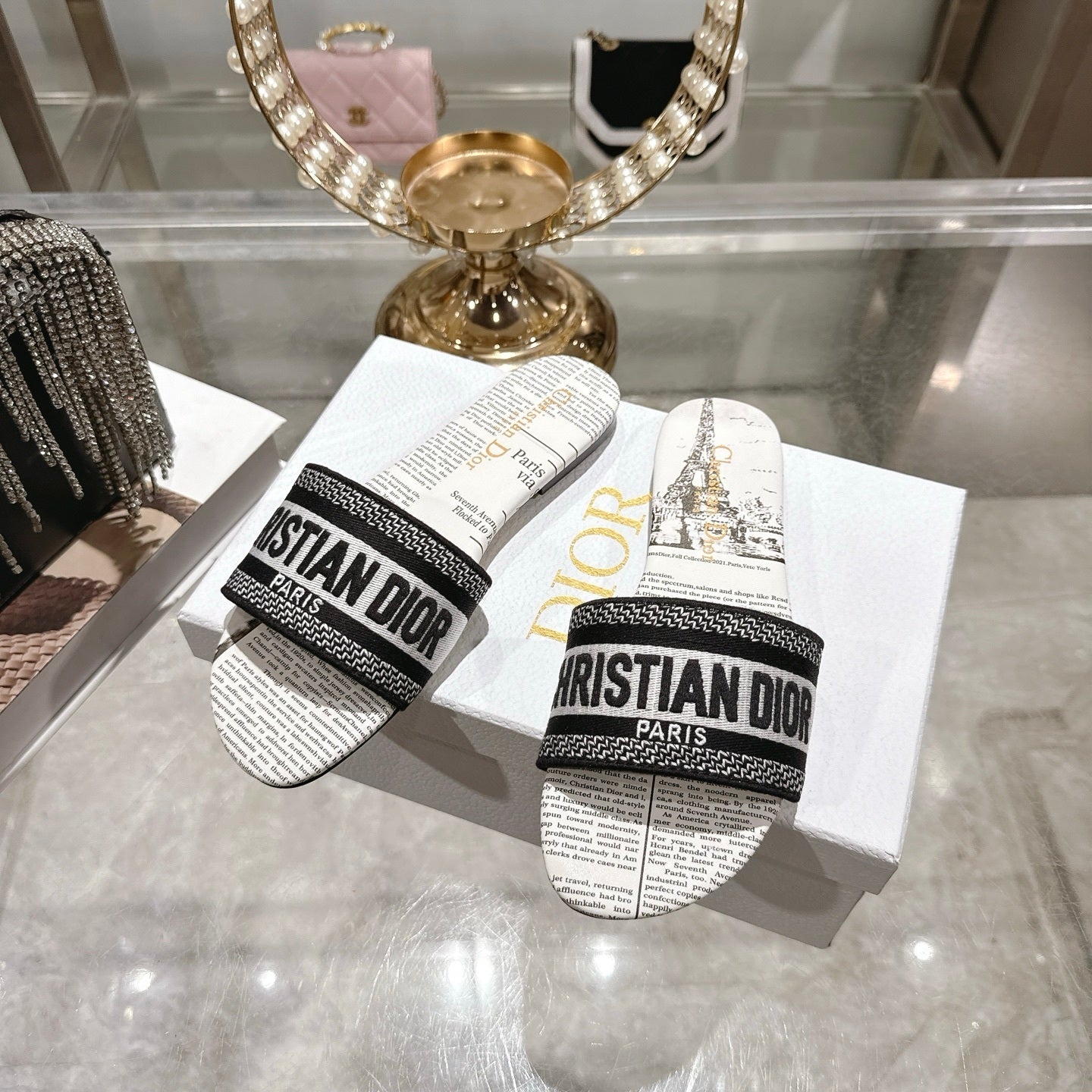 PARIS PRINT LOGO STRAP SLIDE SANDALS