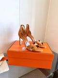 TAN LEATHER ANKLE STRAP HEEL SANDALS