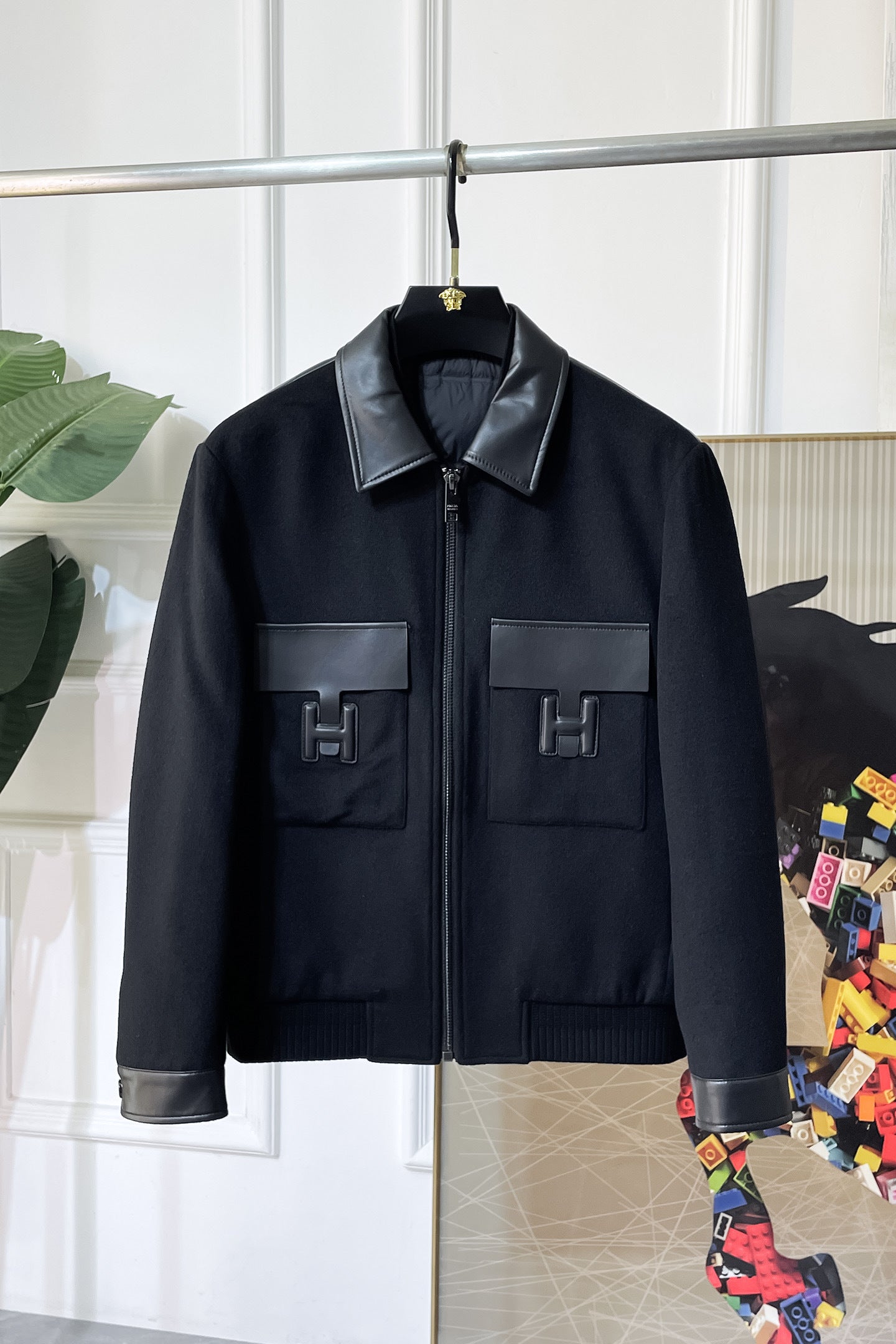 BLACK WOOL-BLEND JACKET WITH LEATHER DETAILS