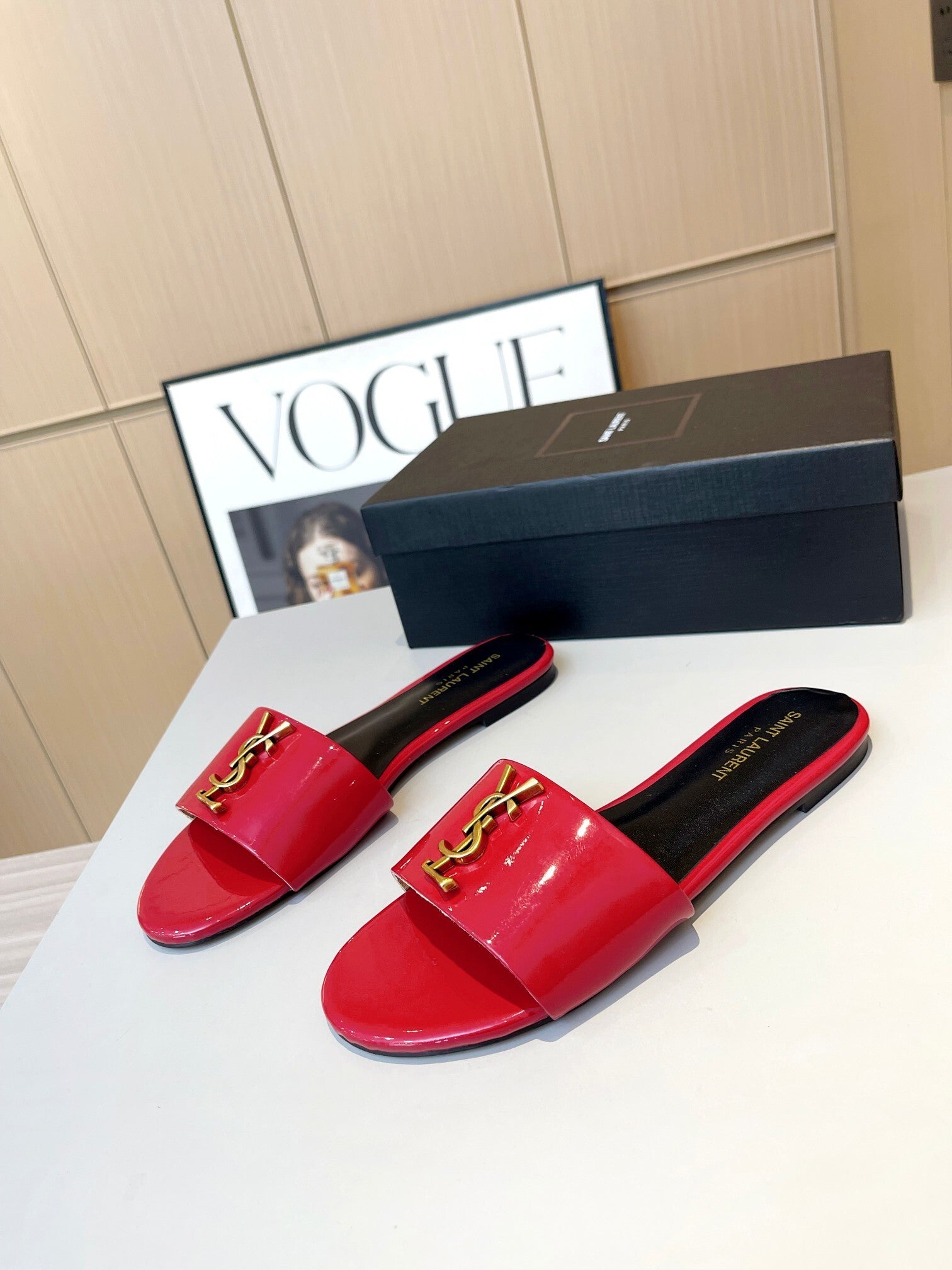 RED PATENT SLIDE SANDALS