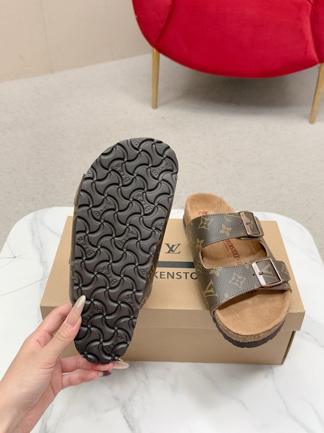 BROWN MONOGRAM DOUBLE-STRAP BUCKLE SLIDE SANDALS