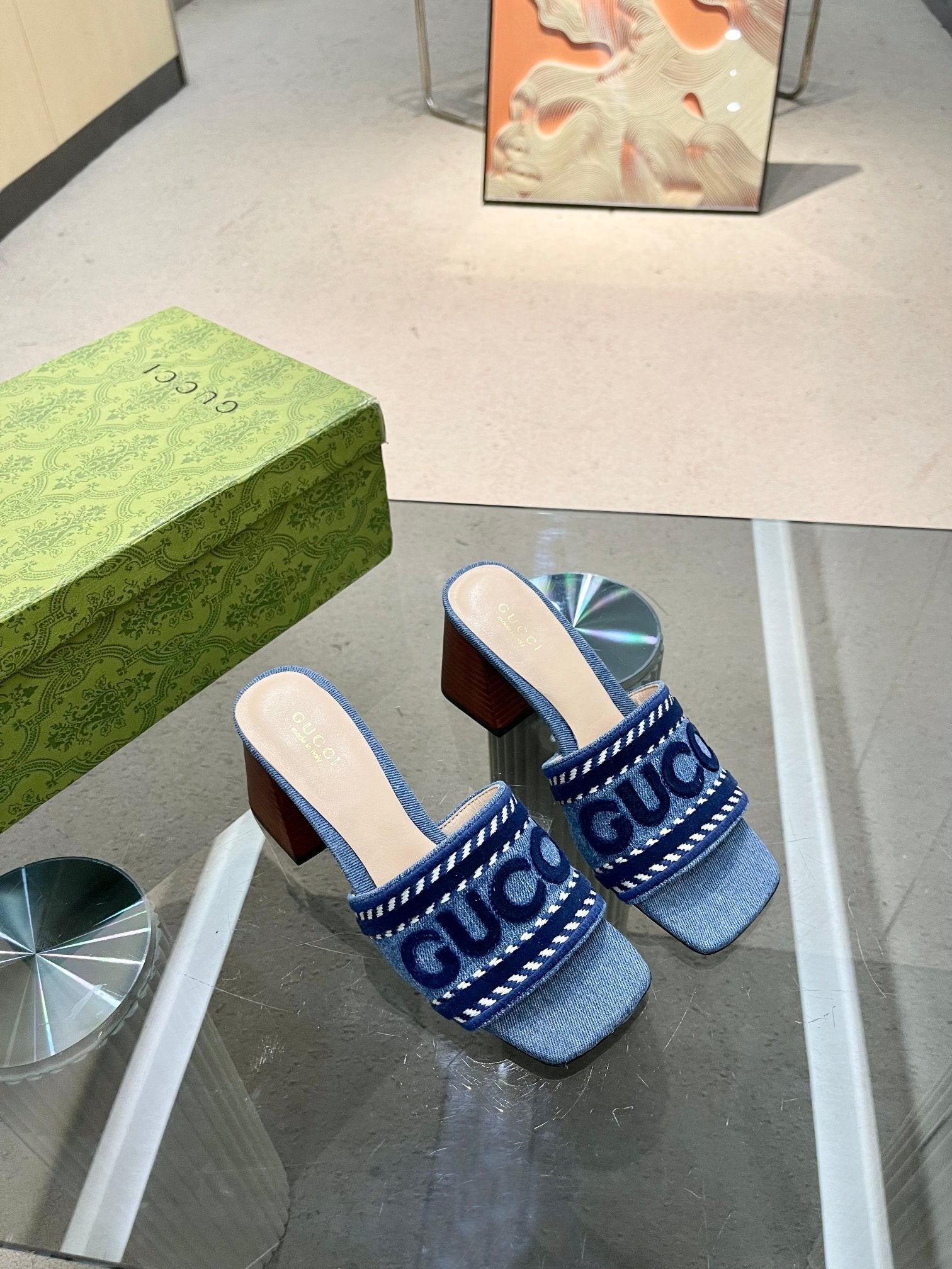 DENIM BLOCK HEEL SANDALS