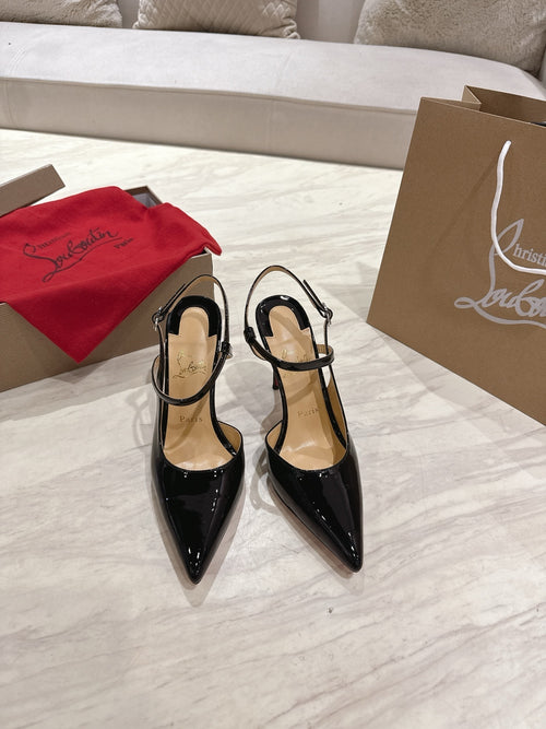 BLACK PATENT ANKLE-STRAP POINTED HEELS
