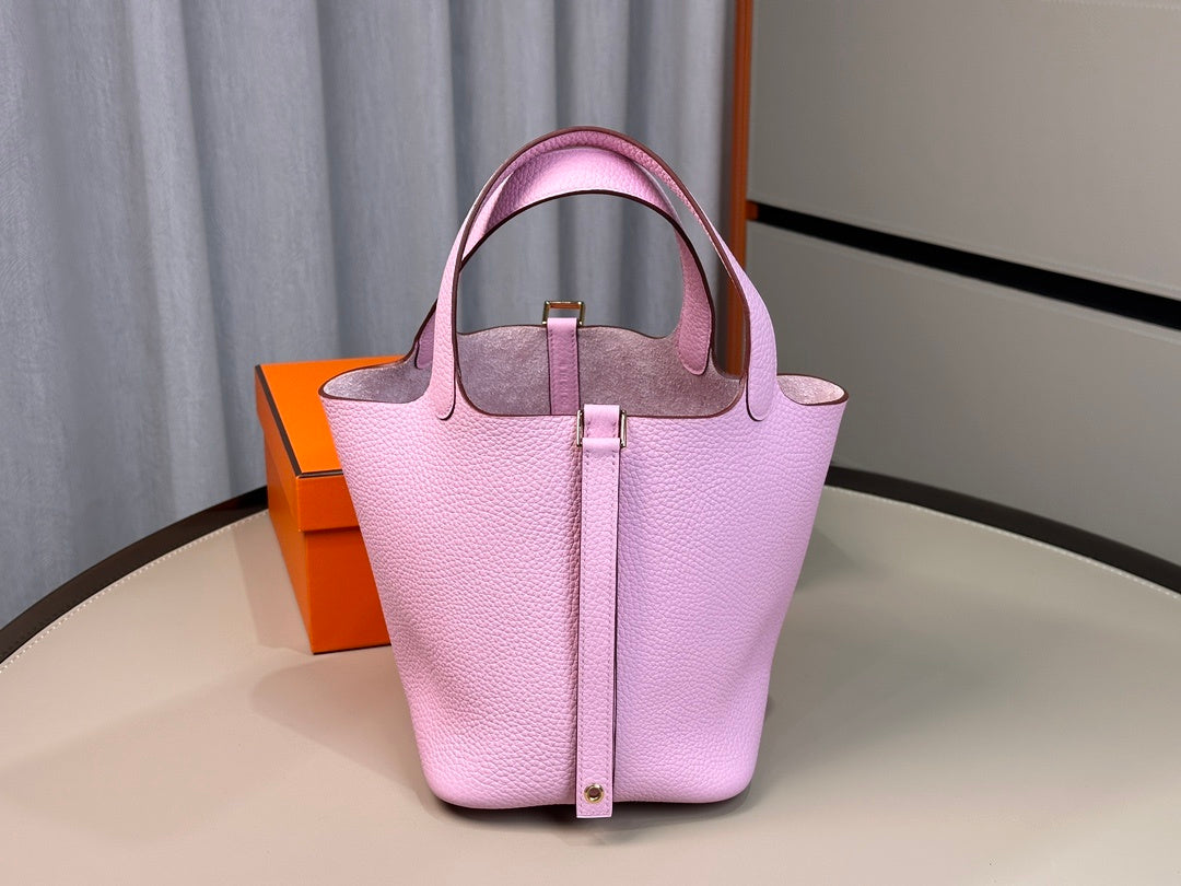 PASTEL PINK MINI PICOTIN STYLE TOP HANDLE BUCKET HANDBAG