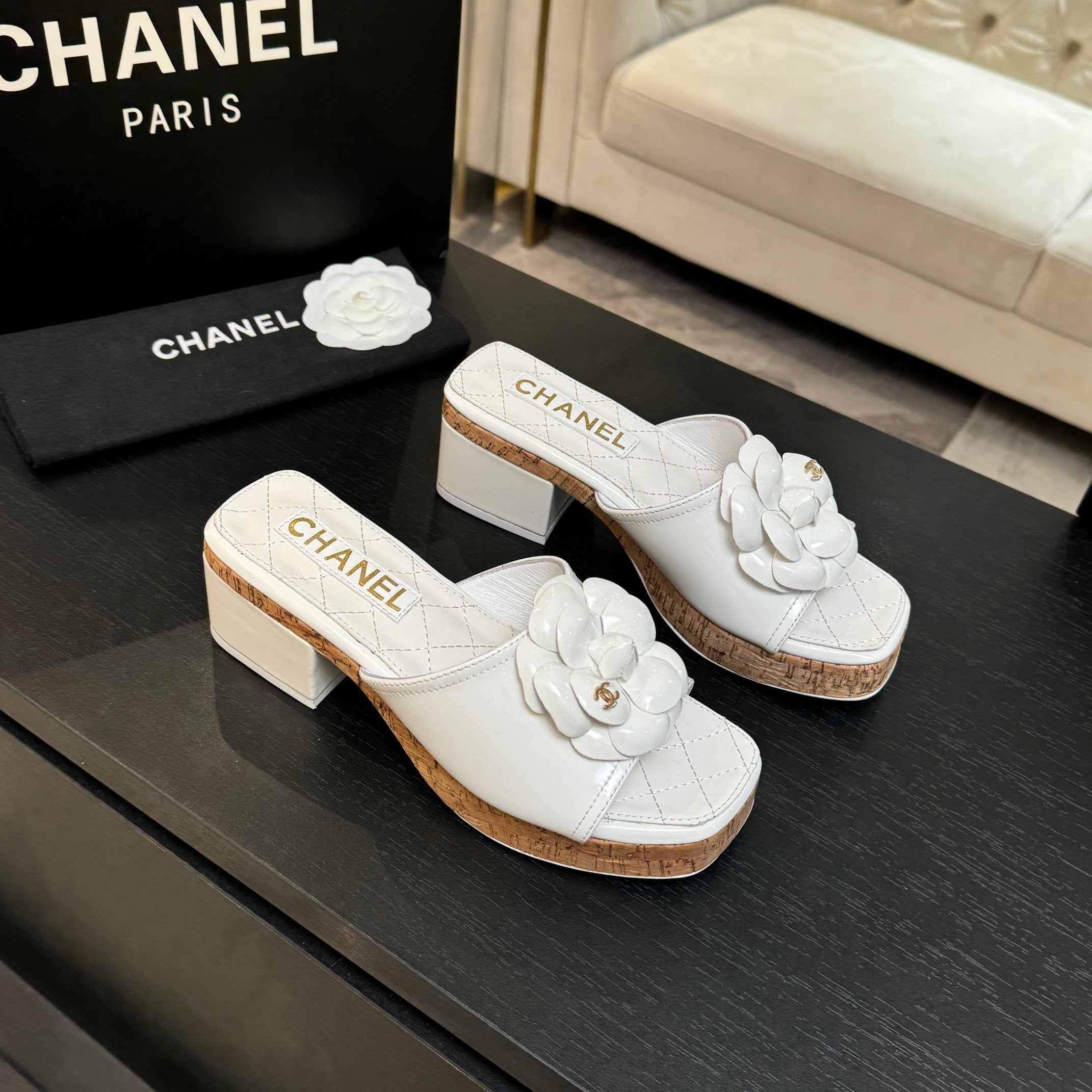 IVORY QUILTED PLATFORM SLIDE SANDALS WITH CAMELLIA DETAIL