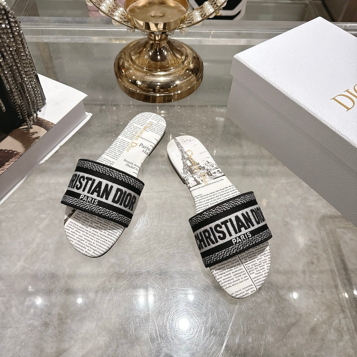 PARIS PRINT LOGO STRAP SLIDE SANDALS