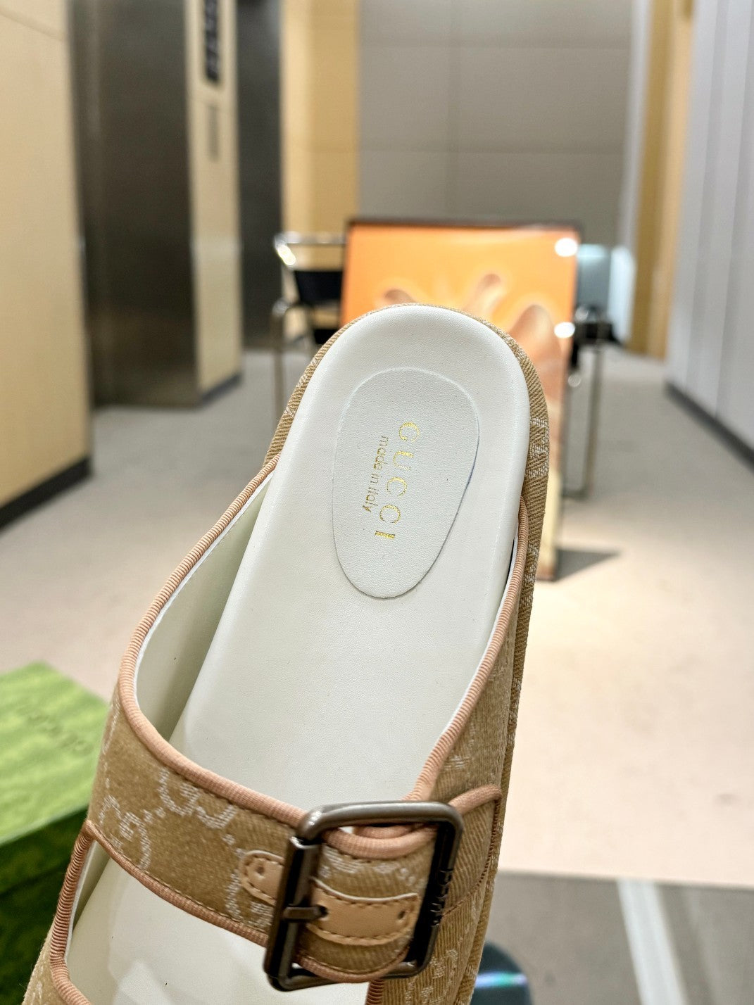 BEIGE MONOGRAM DOUBLE-STRAP SANDALS