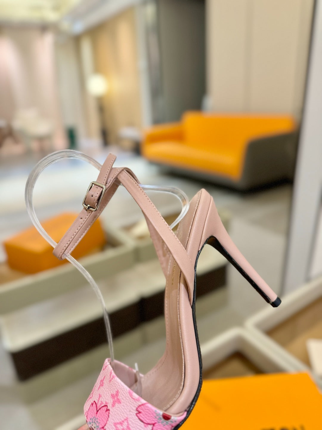 FLORAL PRINT STRAP STILETTO SANDALS – BLUSH PINK