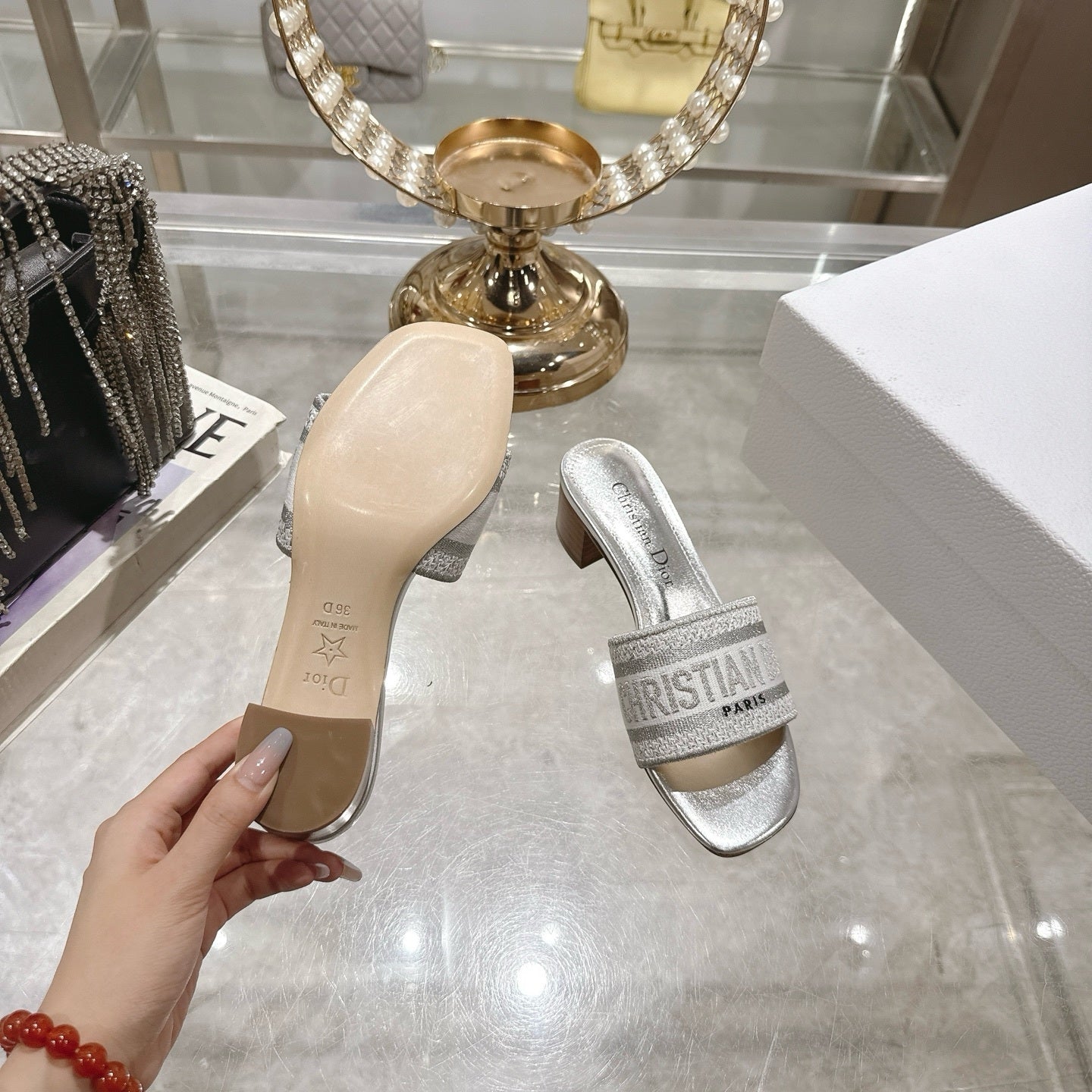 METALLIC LOGO JACQUARD LOW HEEL MULES