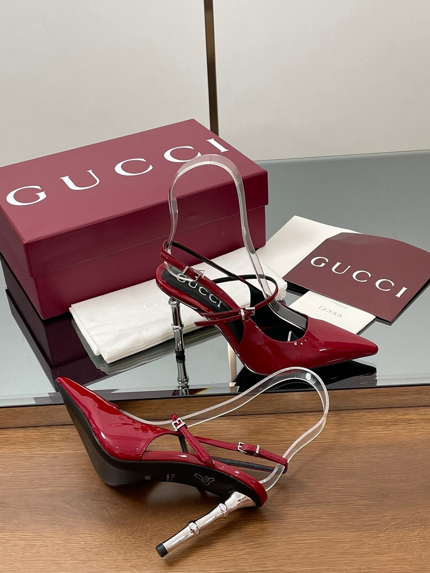 RED PATENT POINTED TOE SLINGBACK HEELS WITH METALLIC HEEL