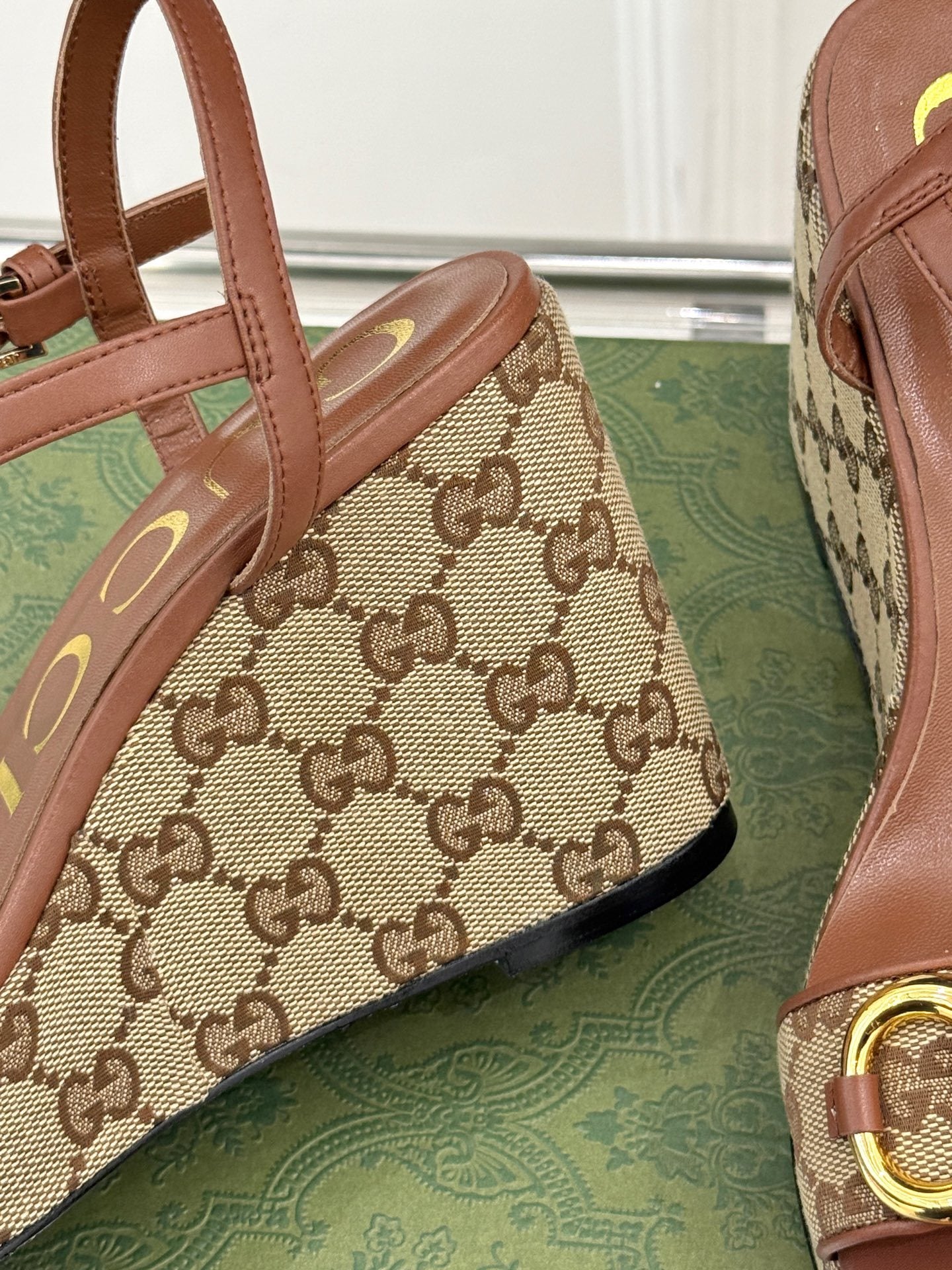 BEIGE MONOGRAM PLATFORM WEDGE SANDALS