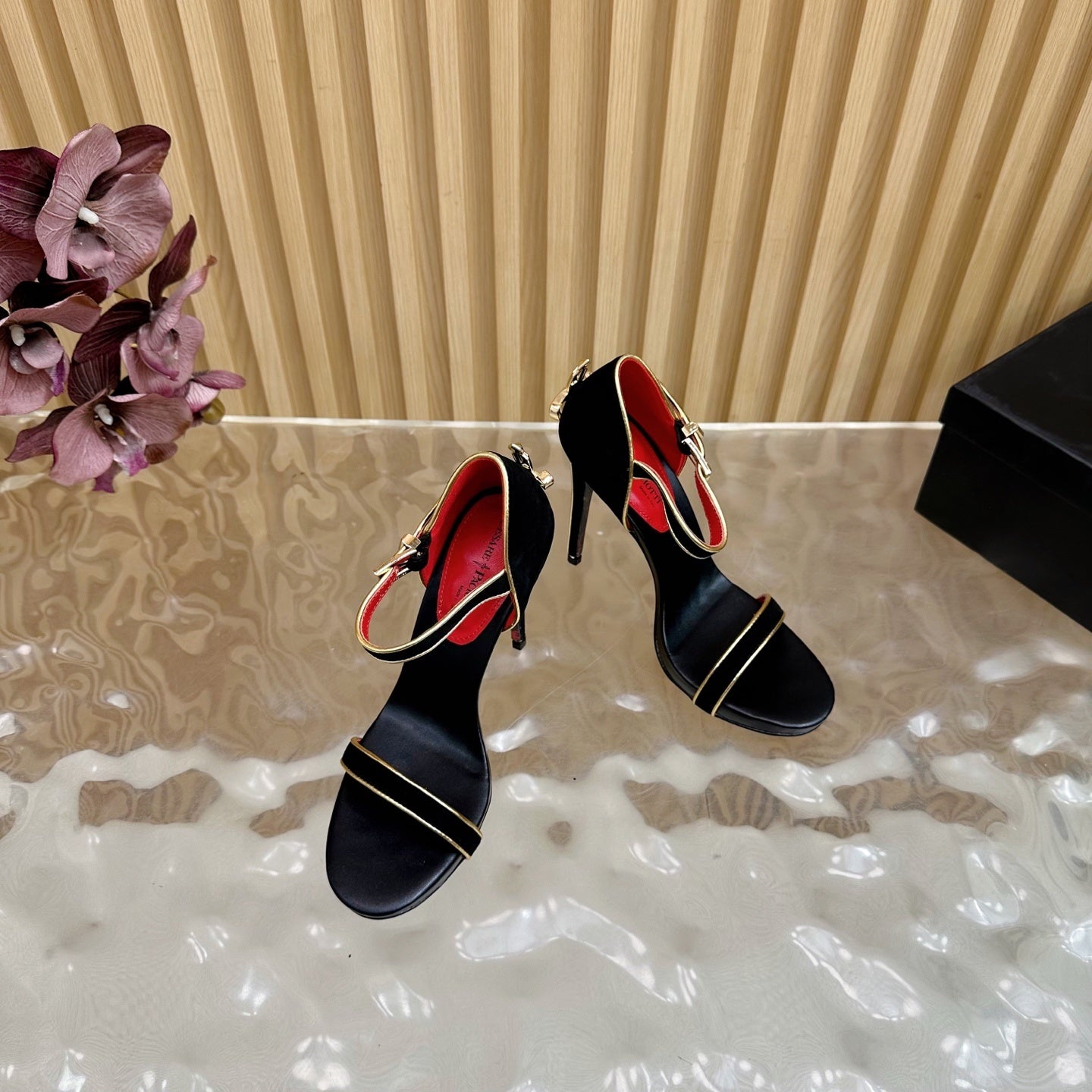 MINIMALIST ANKLE STRAP STILETTO SANDALS – BLACK & GOLD EDITION