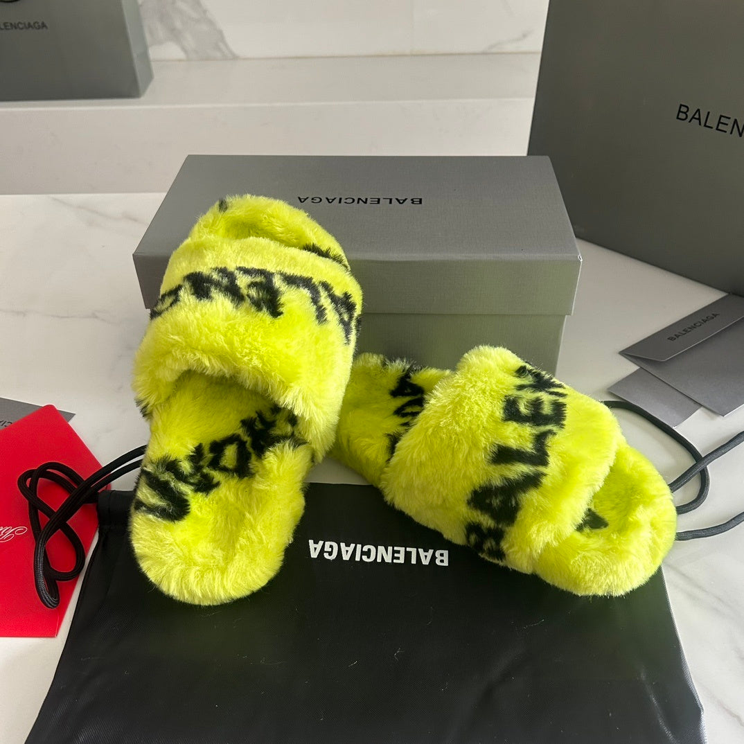 NEON YELLOW FAUX FUR LOGO SLIDE SANDALS
