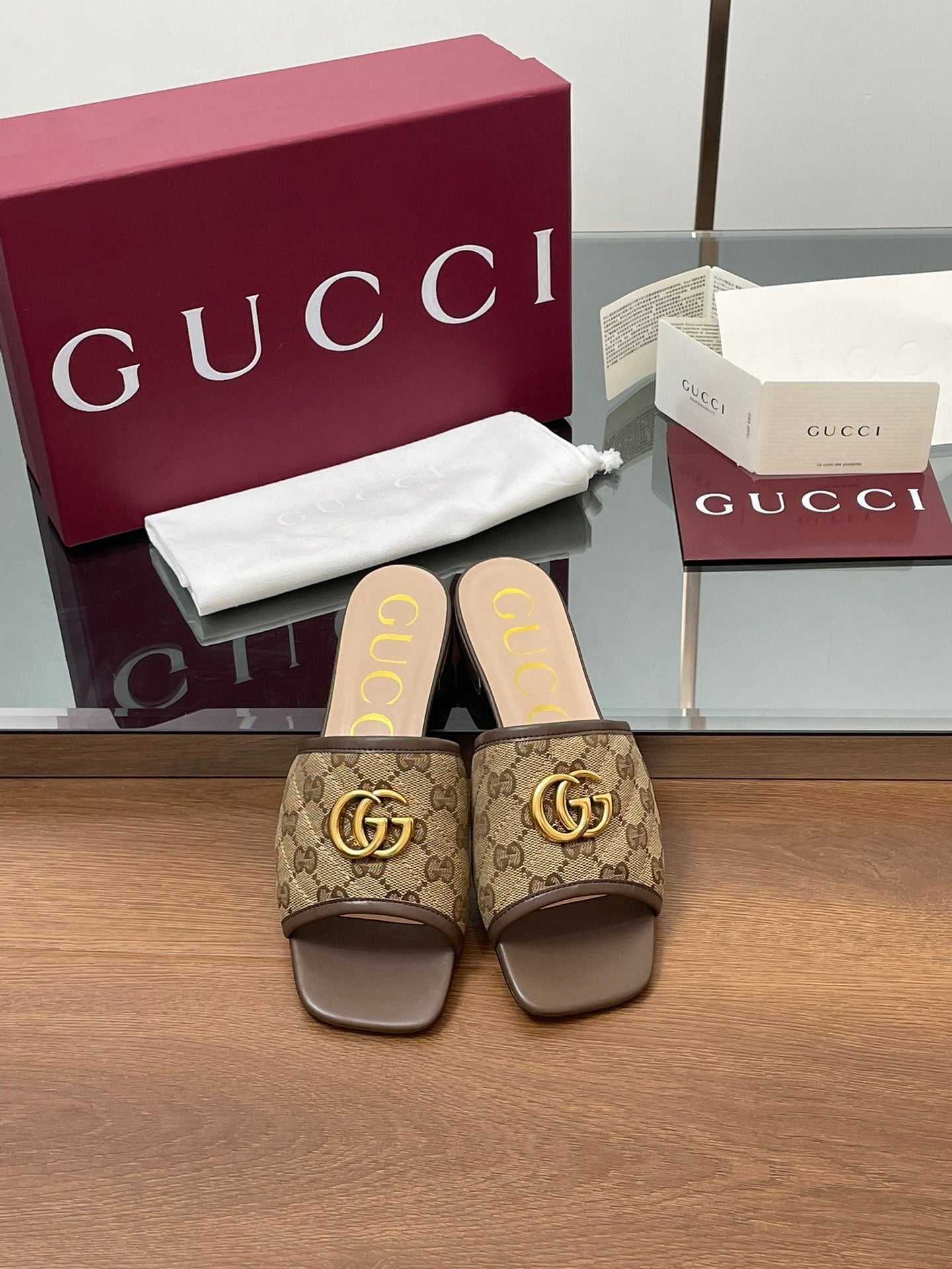BROWN MONOGRAM FLAT SLIDES
