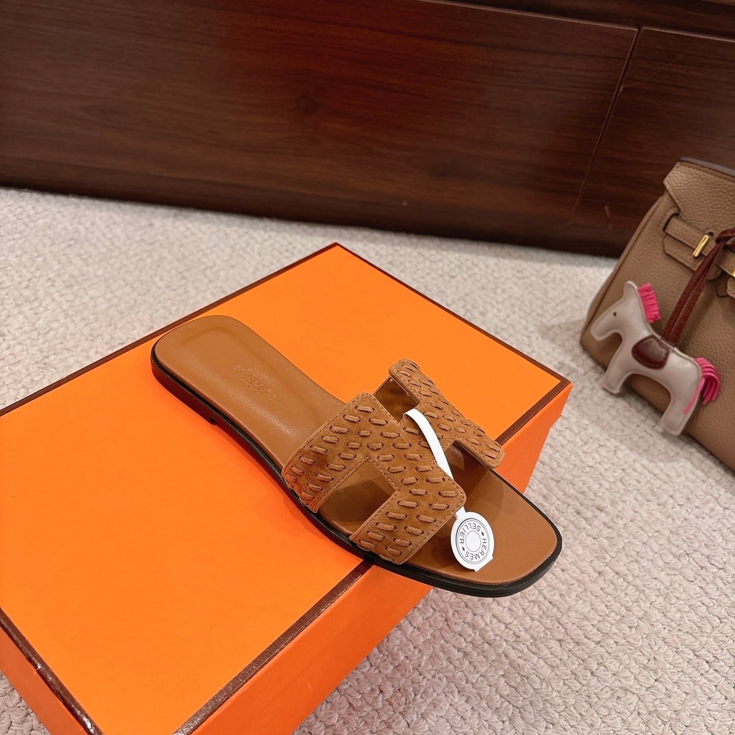 BROWN SUEDE SLIDE SANDALS