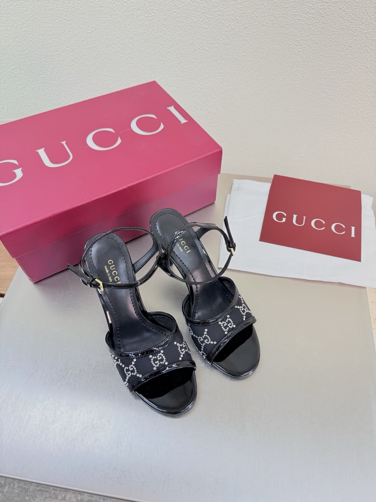 BLACK EMBELLISHED STRAPPY HEEL SANDALS