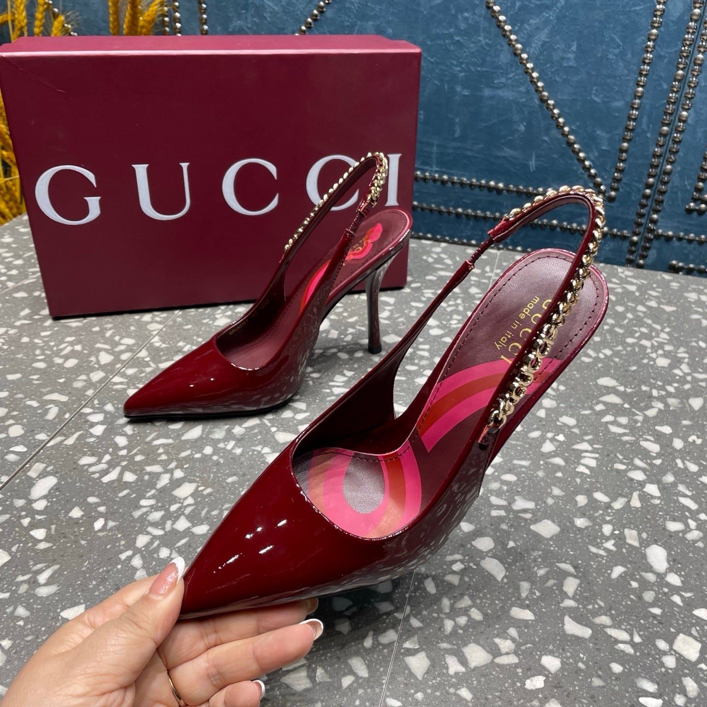 BURGUNDY PATENT CHAIN SLINGBACK PUMPS
