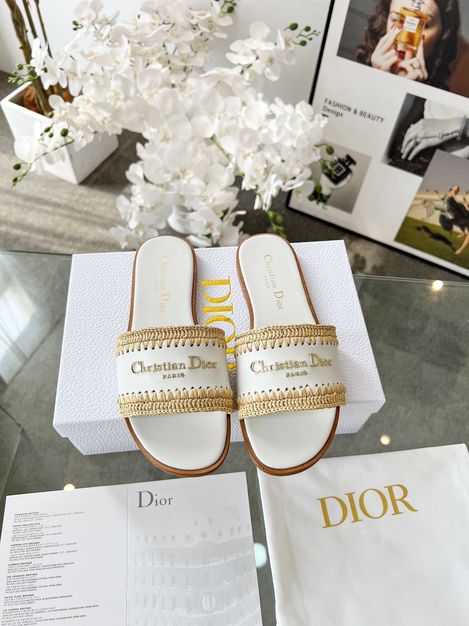 WHITE WOVEN LOGO STRAP FLAT SLIDES