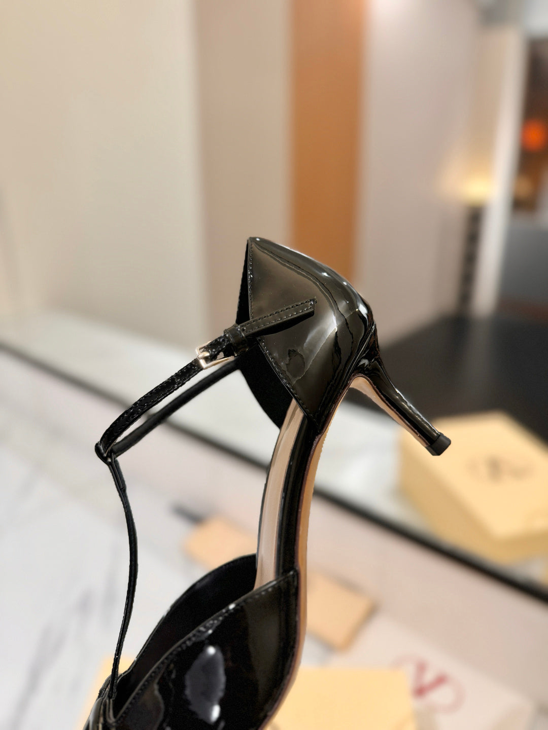 PATENT T-STRAP POINTED HEEL PUMPS – BLACK