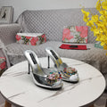 SILVER METALLIC MULE HEEL SANDALS WITH MULTICOLOR CRYSTAL EMBELLISHMENT