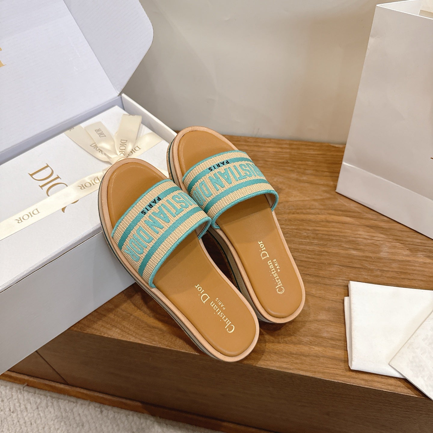 TURQUOISE & BEIGE LOGO STRAP PLATFORM SLIDE SANDALS