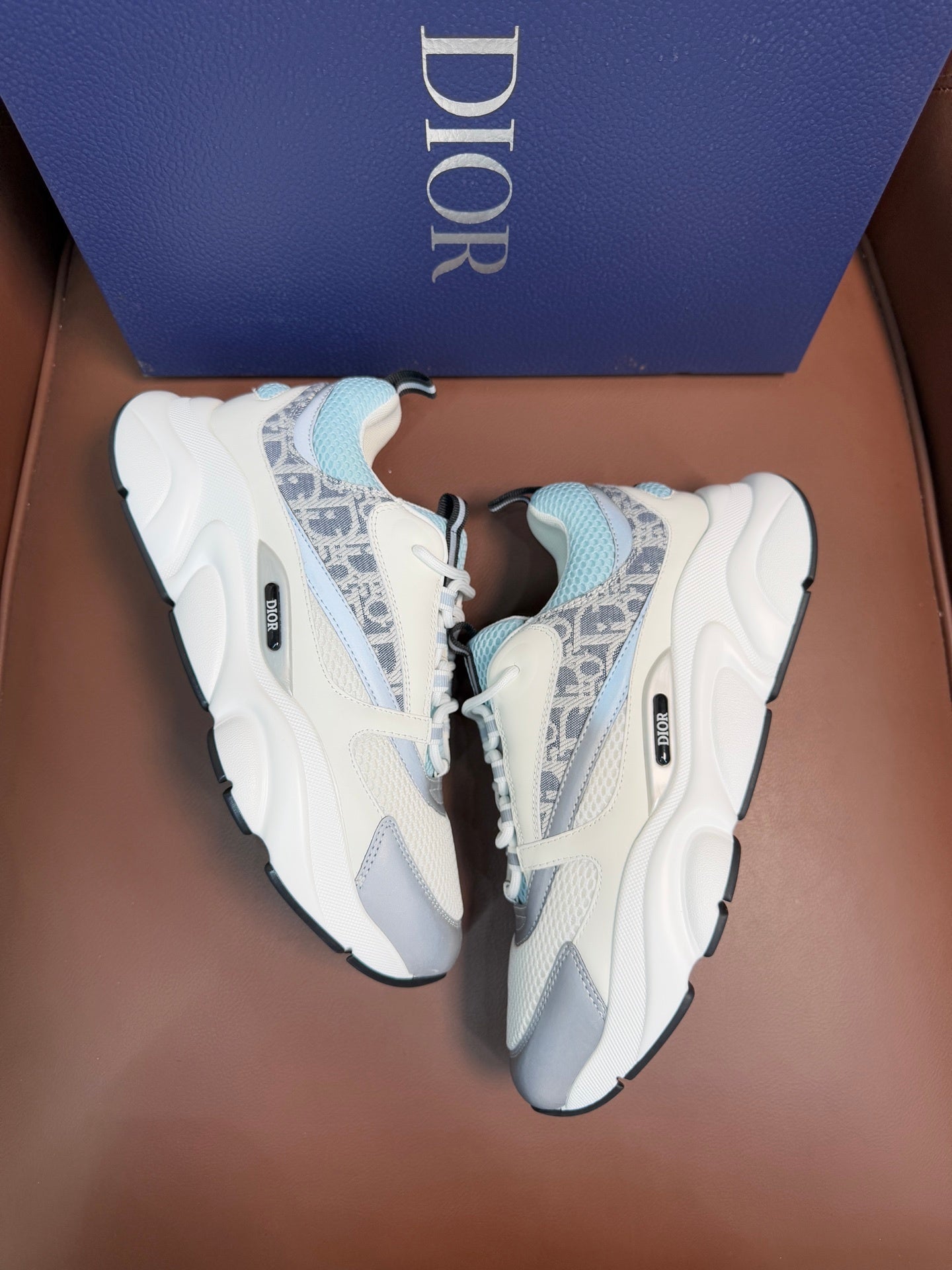 WHITE, GREY & ICE BLUE MONOGRAM CHUNKY SNEAKERS