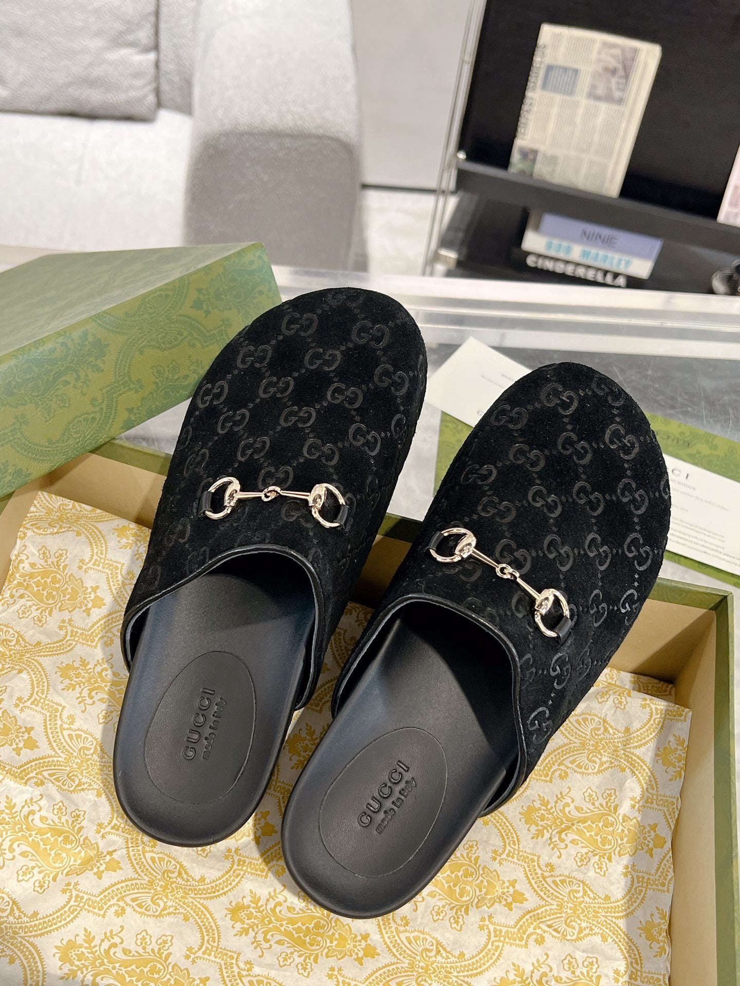 BLACK EMBOSSED MULE SLIDES
