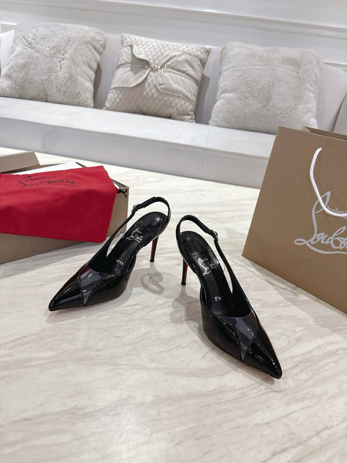 BLACK PATENT SLINGBACK HEELS WITH PVC DETAIL