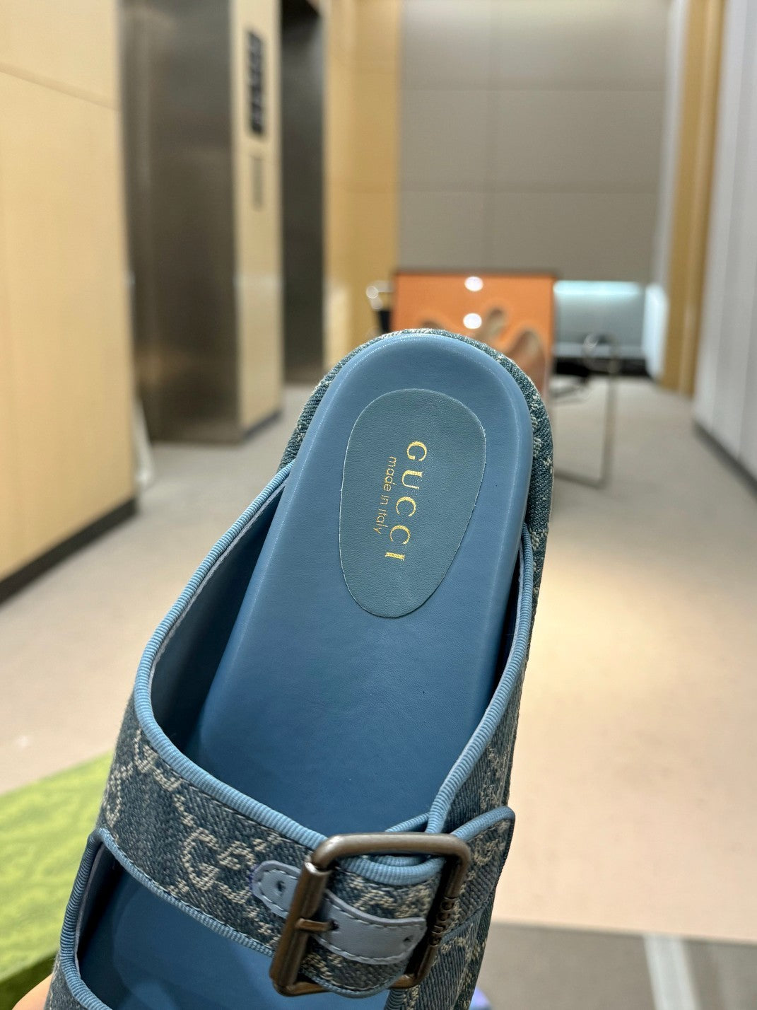 BLUE DENIM MONOGRAM DOUBLE-STRAP PLATFORM SANDALS