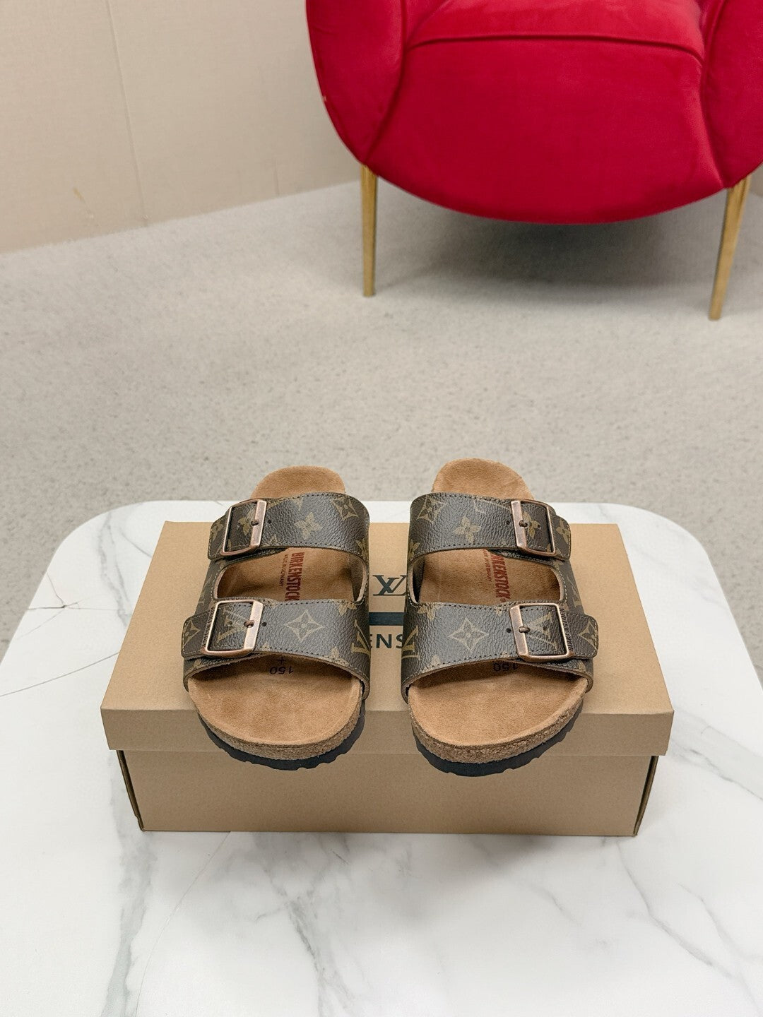 BROWN MONOGRAM DOUBLE-STRAP BUCKLE SLIDE SANDALS