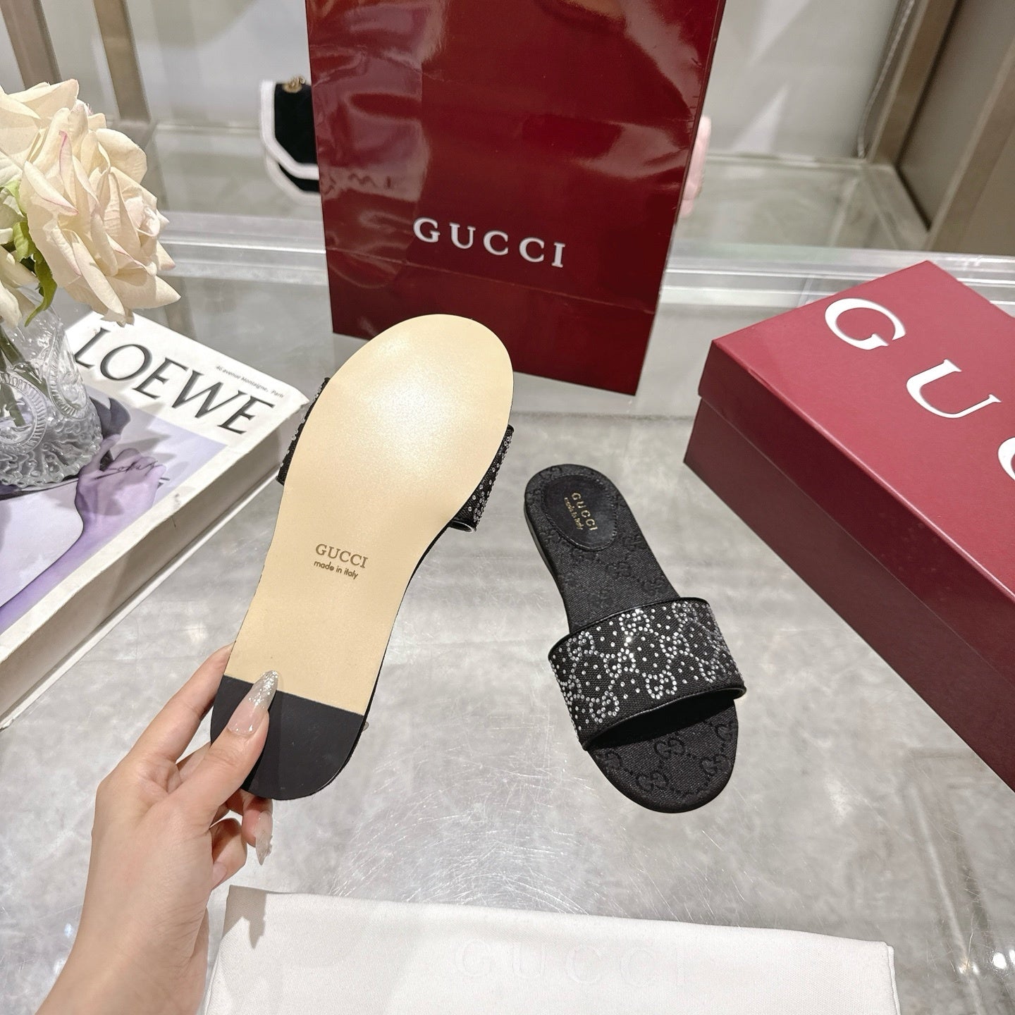 BLACK EMBELLISHED SLIDE SANDALS
