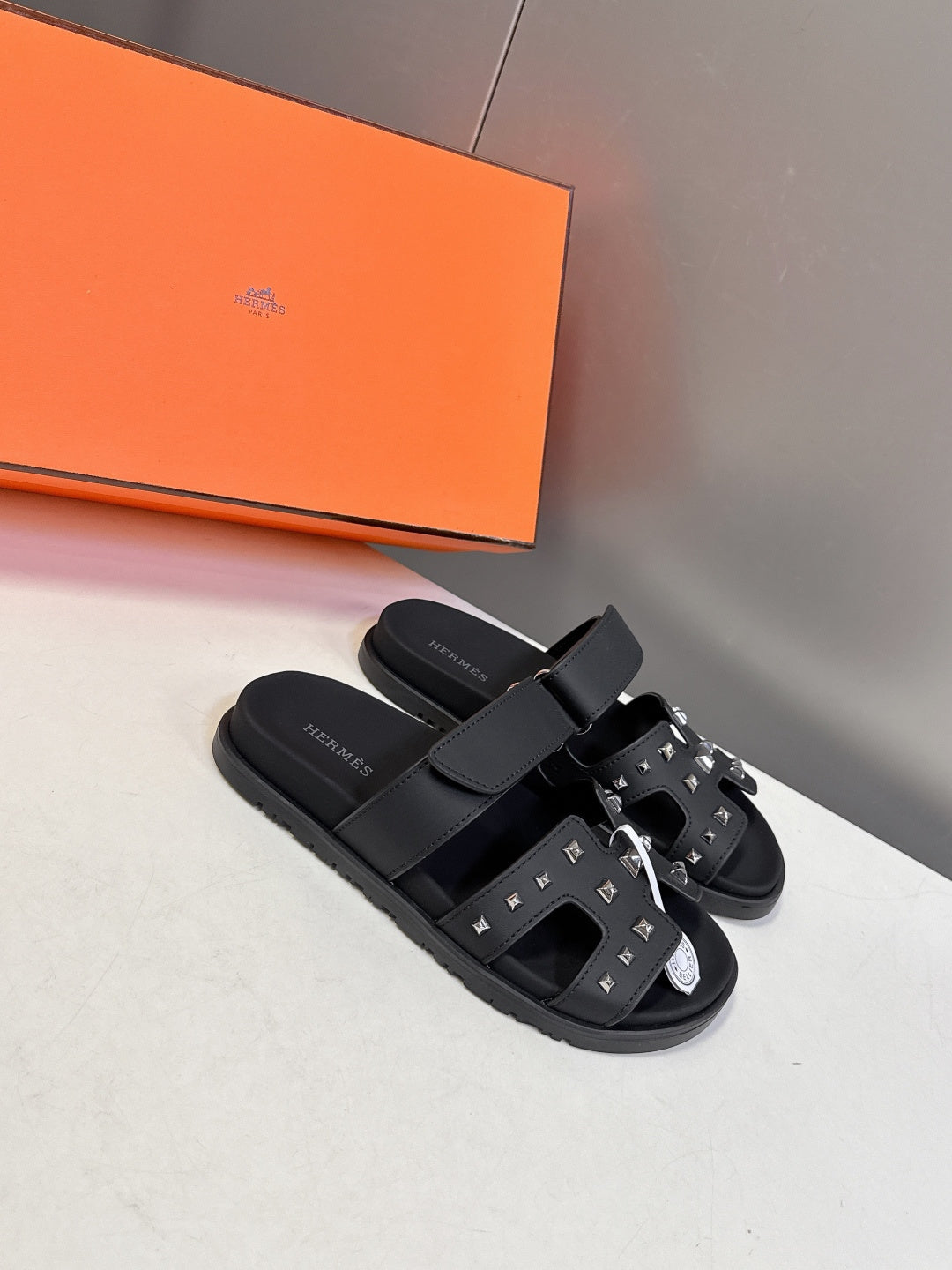 BLACK STUDDED SLIDE SANDALS