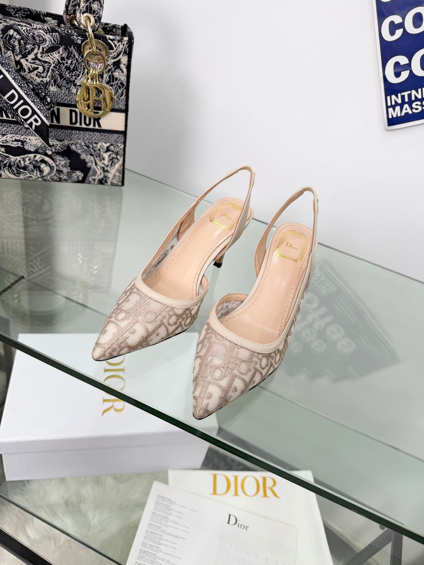 NUDE MONOGRAM MESH SLINGBACK POINTED HEELS