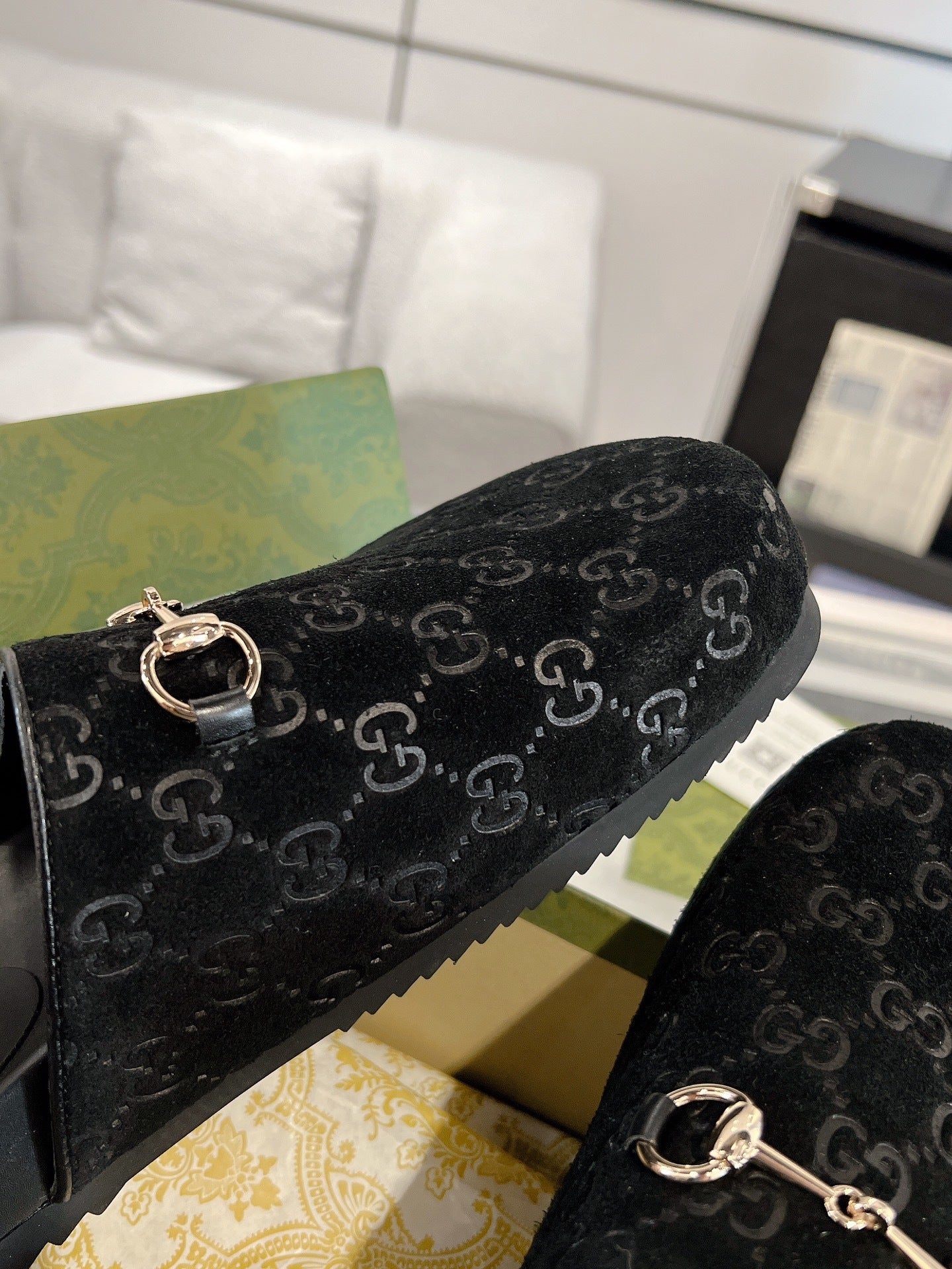BLACK EMBOSSED MULE SLIDES