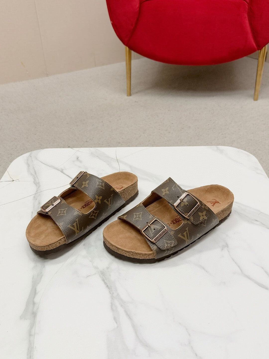 BROWN MONOGRAM DOUBLE-STRAP BUCKLE SLIDE SANDALS