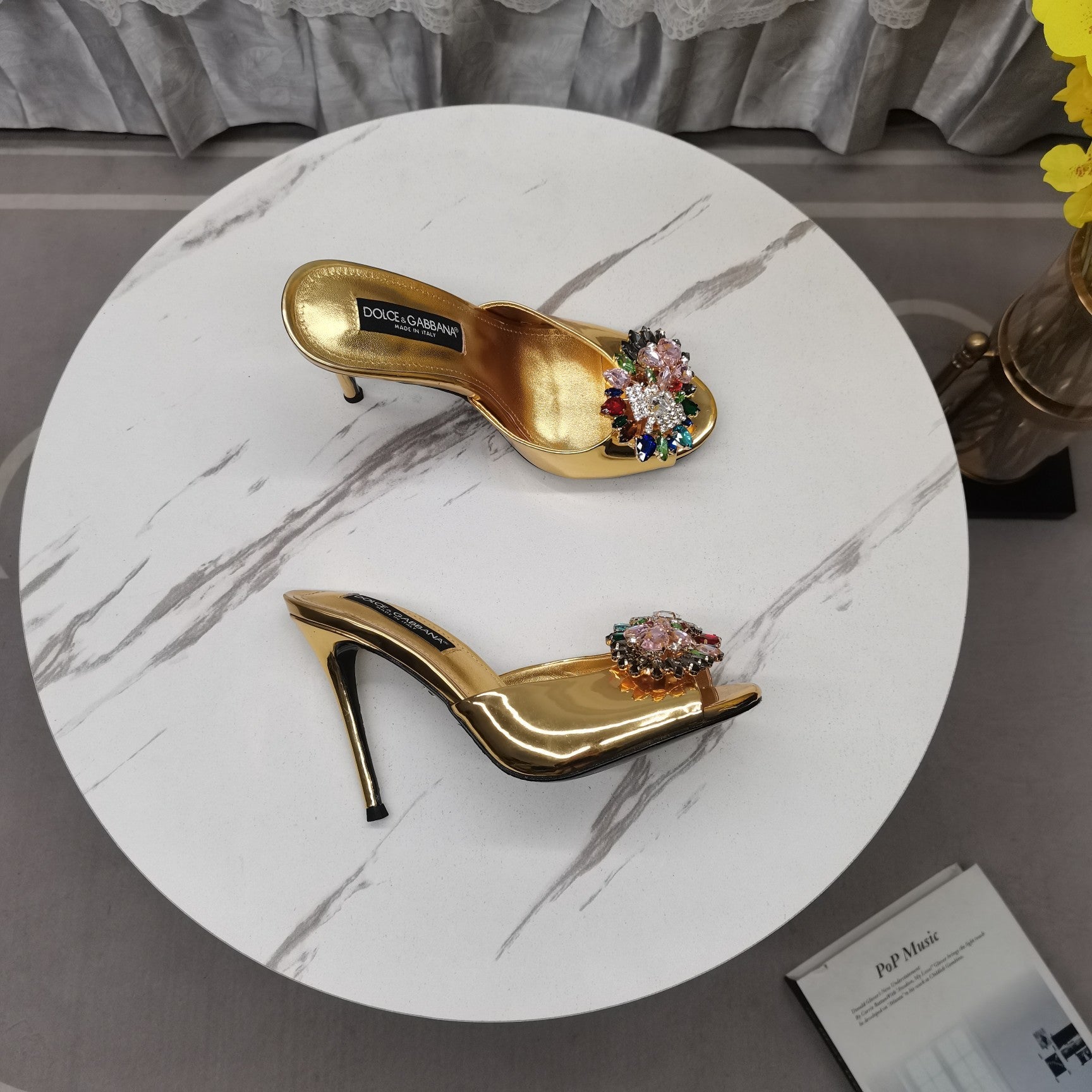 GOLD METALLIC MULE HEEL SANDALS WITH MULTICOLOR CRYSTAL EMBELLISHMENT