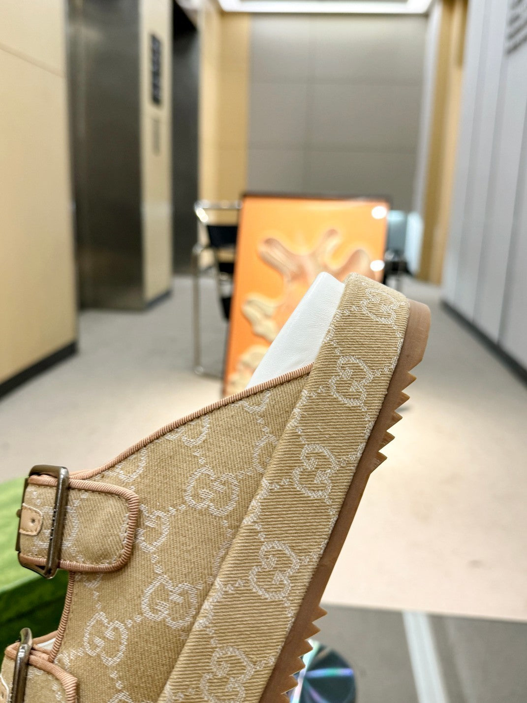 BEIGE MONOGRAM DOUBLE-STRAP SANDALS