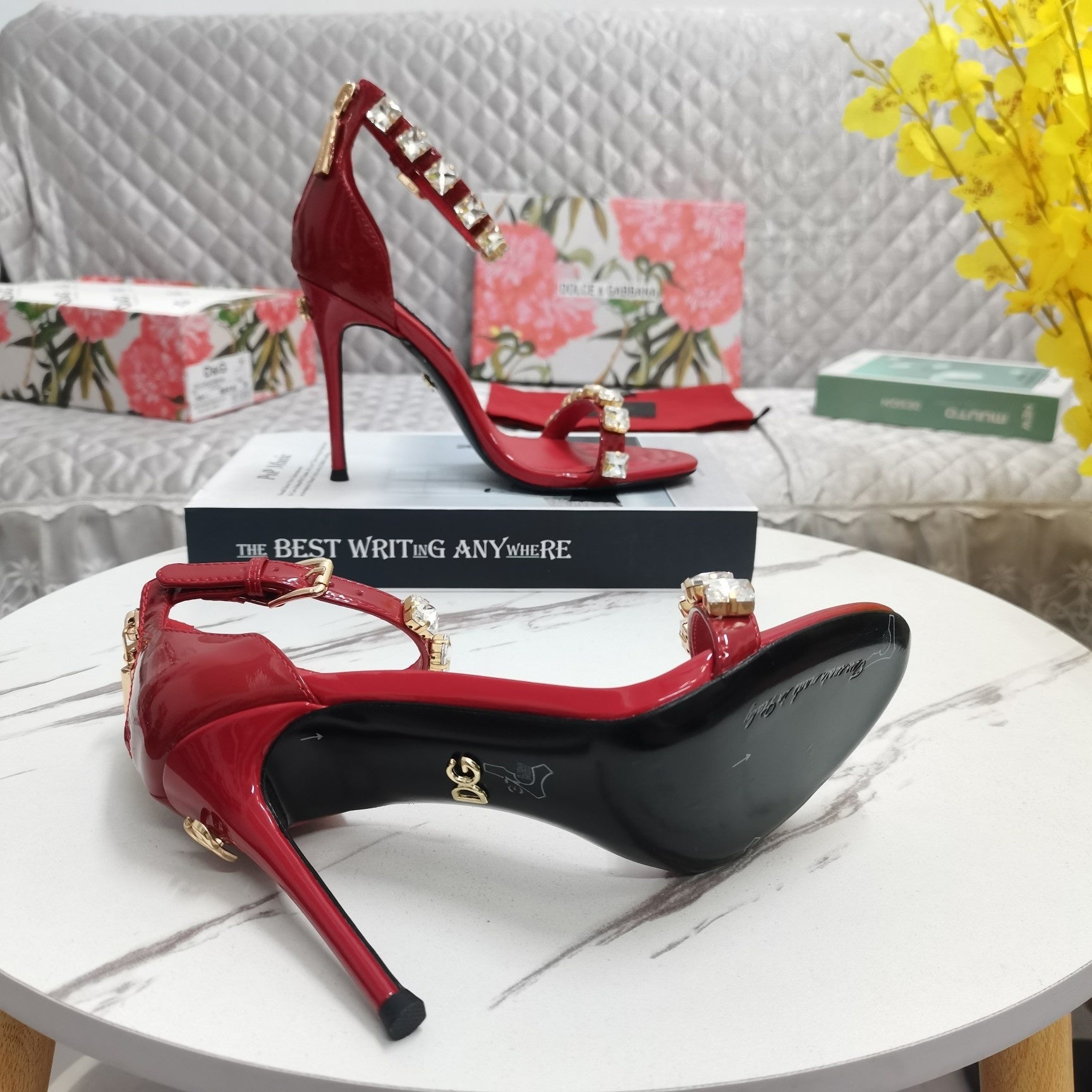 RED STRAPPY HEEL SANDALS WITH CRYSTAL EMBELLISHMENTS