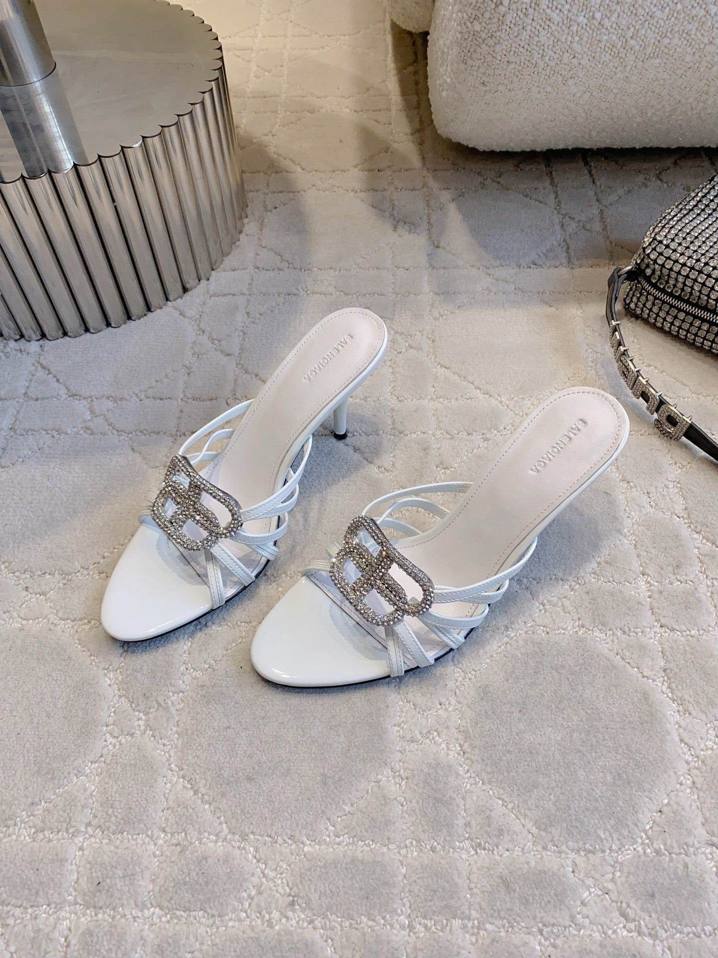 CRYSTAL EMBELLISHED WHITE STRAPPY HEELS