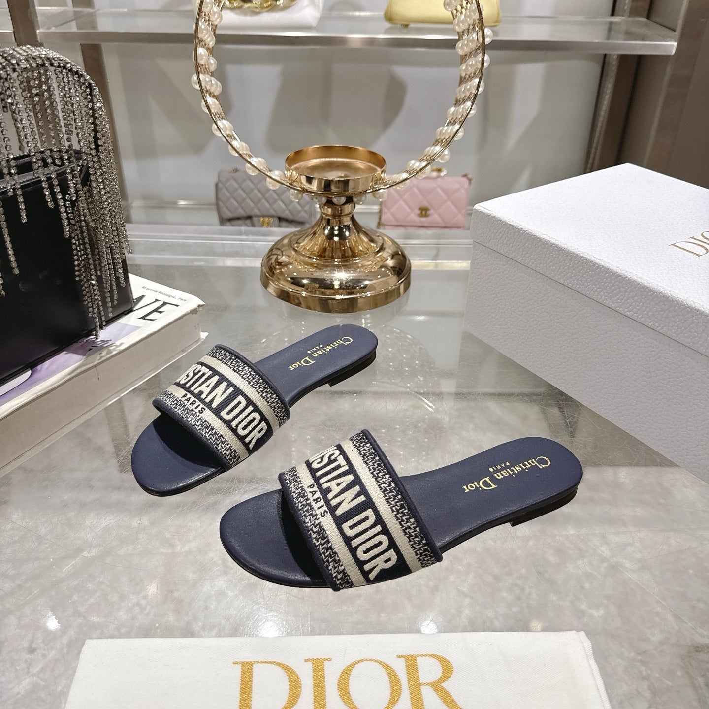 LOGO JACQUARD FLAT SLIDES – NAVY