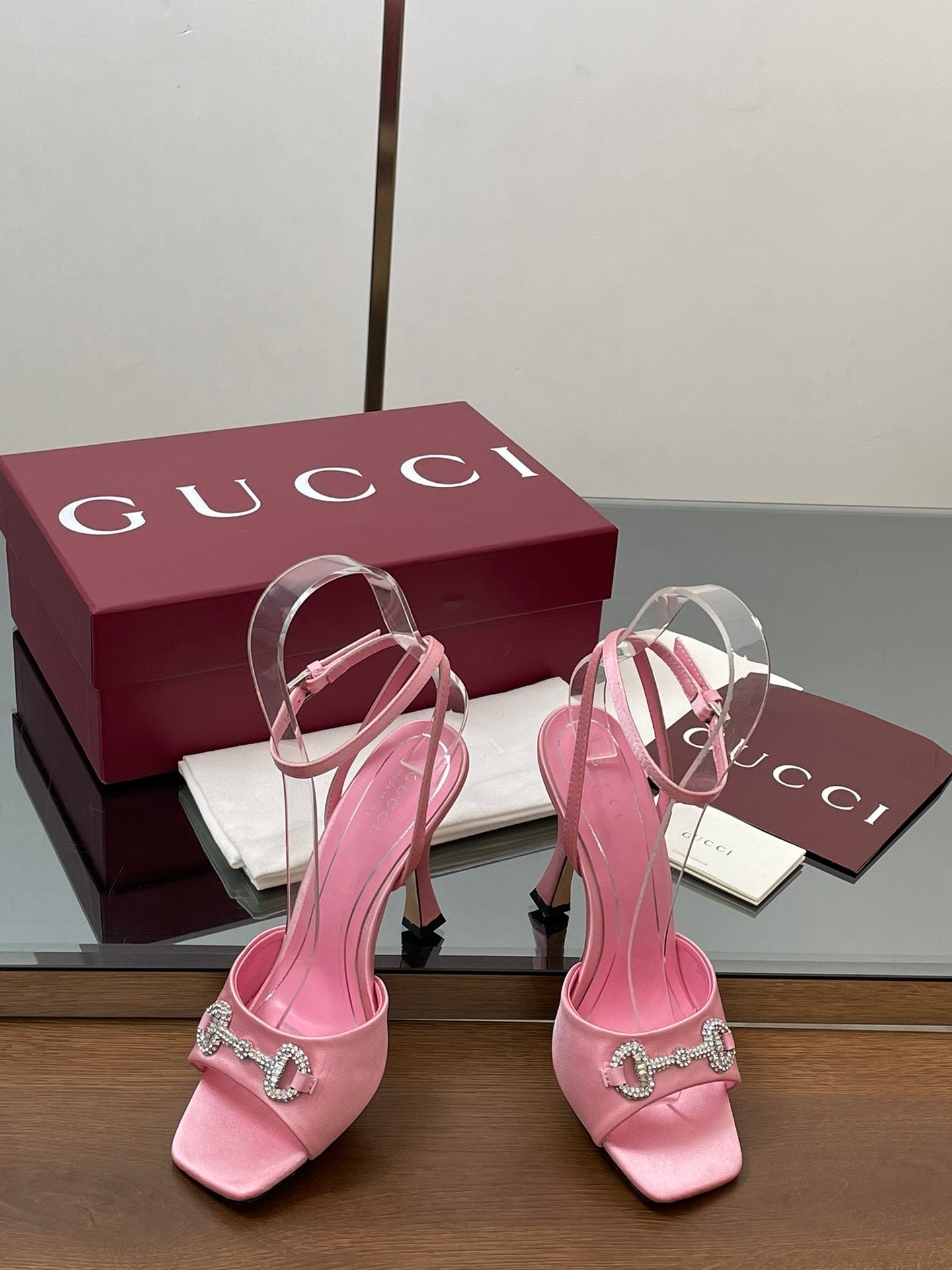 PINK CRYSTAL HORSEBIT STRAPPY HEEL SANDALS