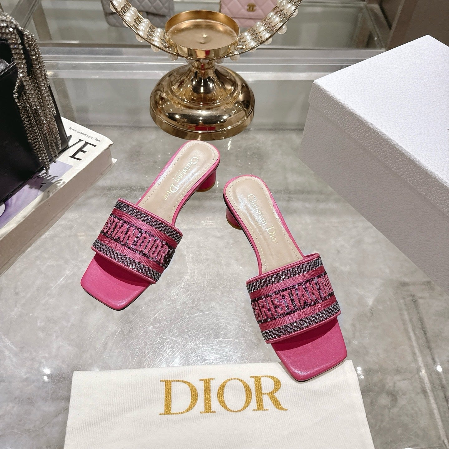 CRYSTAL EMBELLISHED LOGO JACQUARD LOW HEEL MULES – PINK