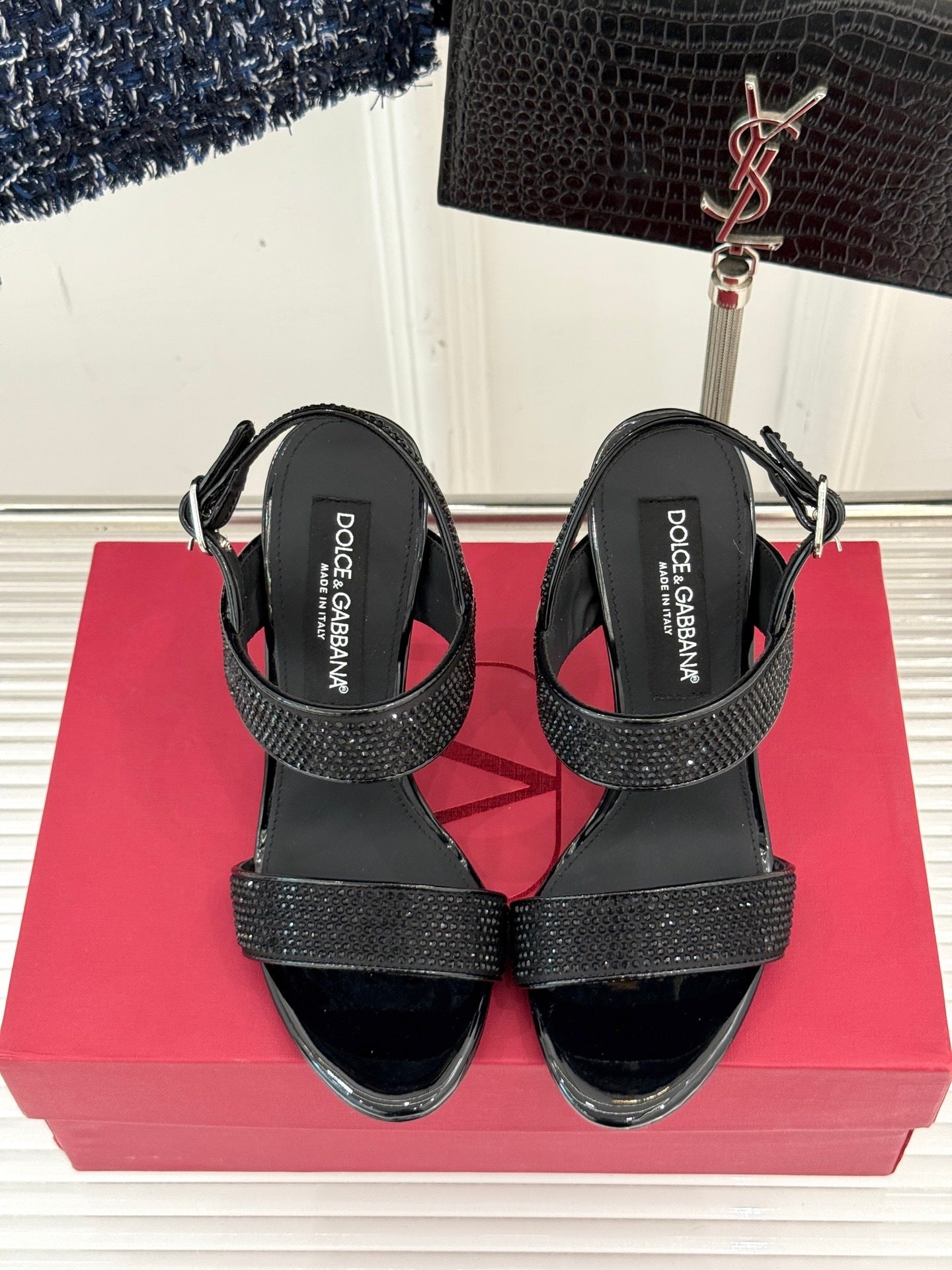 BLACK CRYSTAL-EMBELLISHED STRAPPY STILETTO HEELS