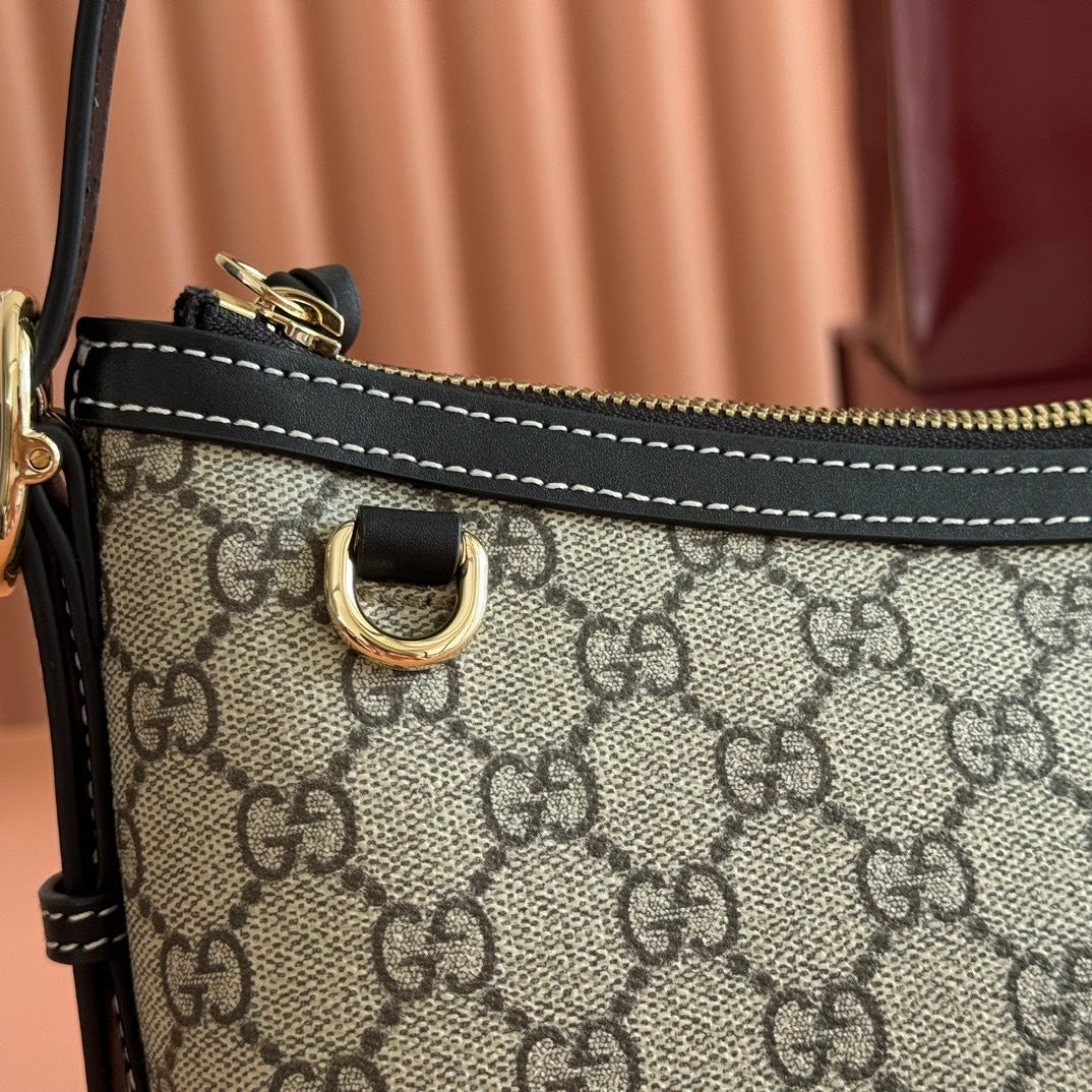 BEIGE MONOGRAM CANVAS SHOULDER BAG WITH BLACK LEATHER TRIM