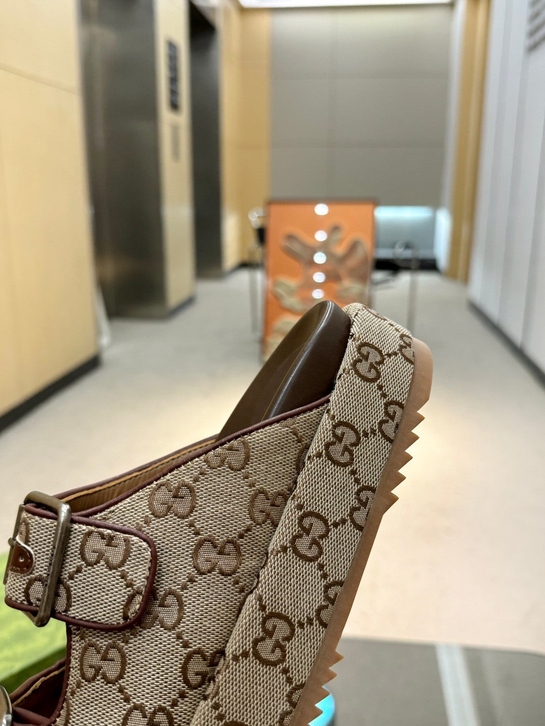 BEIGE MONOGRAM DOUBLE-STRAP PLATFORM SANDALS