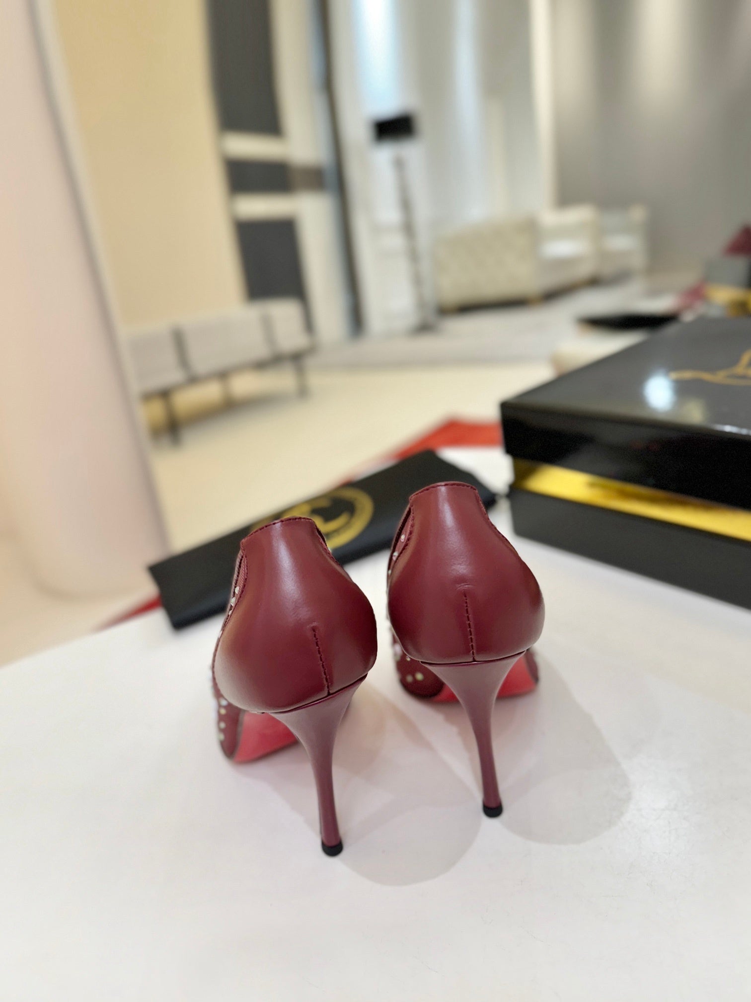 BURGUNDY RHINESTONE MESH PUMPS
