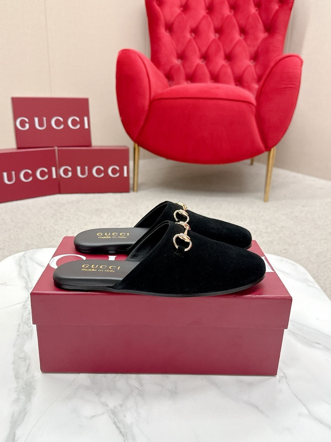 BLACK SUEDE HORSEBIT SLIP-ON MULES