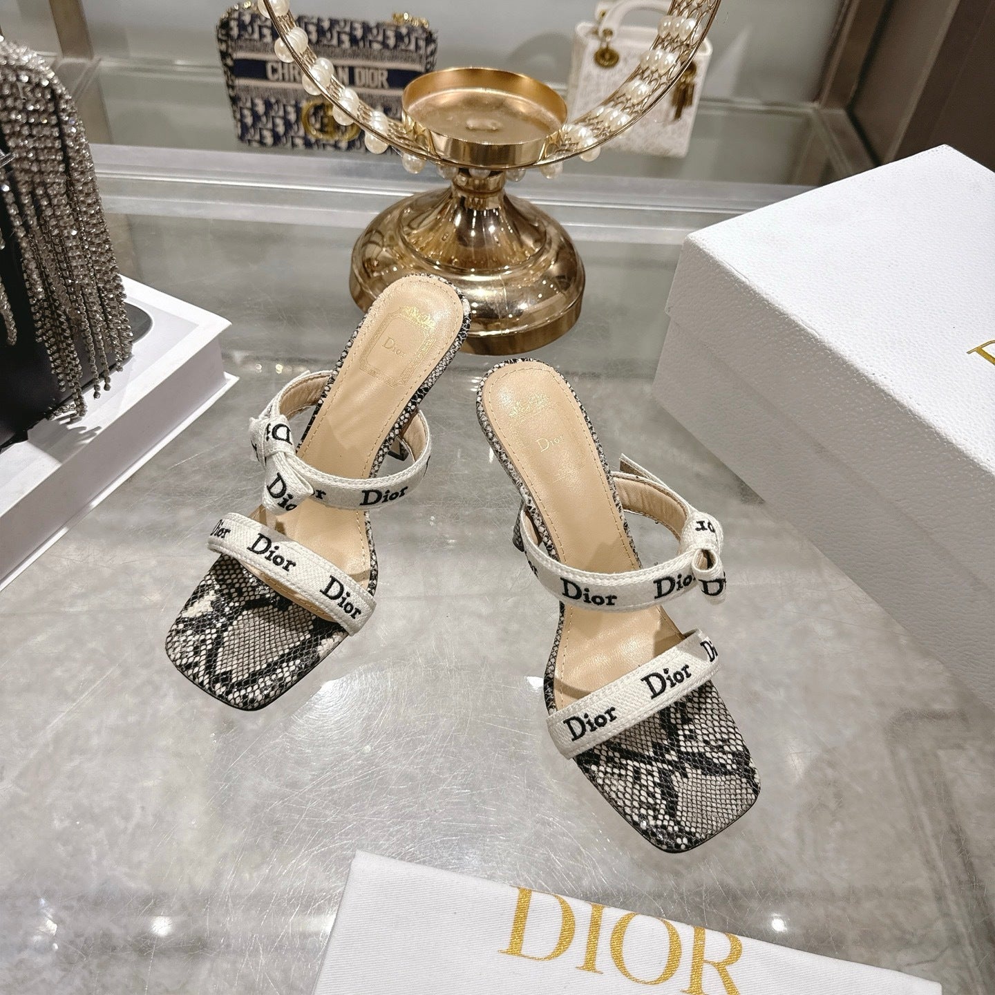 SNAKESKIN PRINT LOGO STRAP BOW HEEL SANDALS