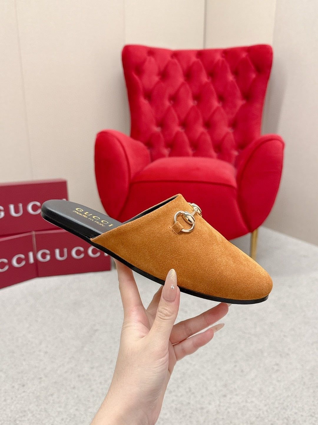 SUEDE SLIP-ON MULES WITH GOLD HORSEBIT DETAIL